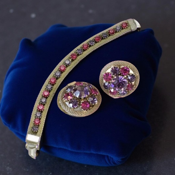 Weiss Mesh Purple Pink Rhinestone Bracelet  & Earrings, 1950s Vintage Jewelry - Picture 2 of 12